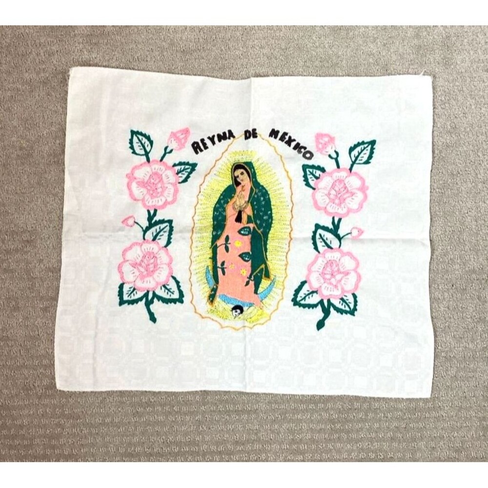 Mexican Hand Embroidered Our Lady of Guadalupe Reyna de Mexico Tortilla Cloth
